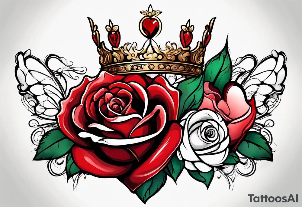 the red rose queen's golden crown with a heart tattoo idea