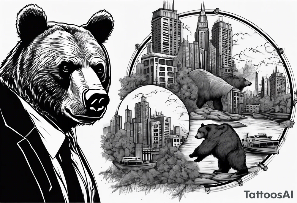 Serious bear coming up behind a city tattoo idea Serious bear coming up behind a city tattoo idea
