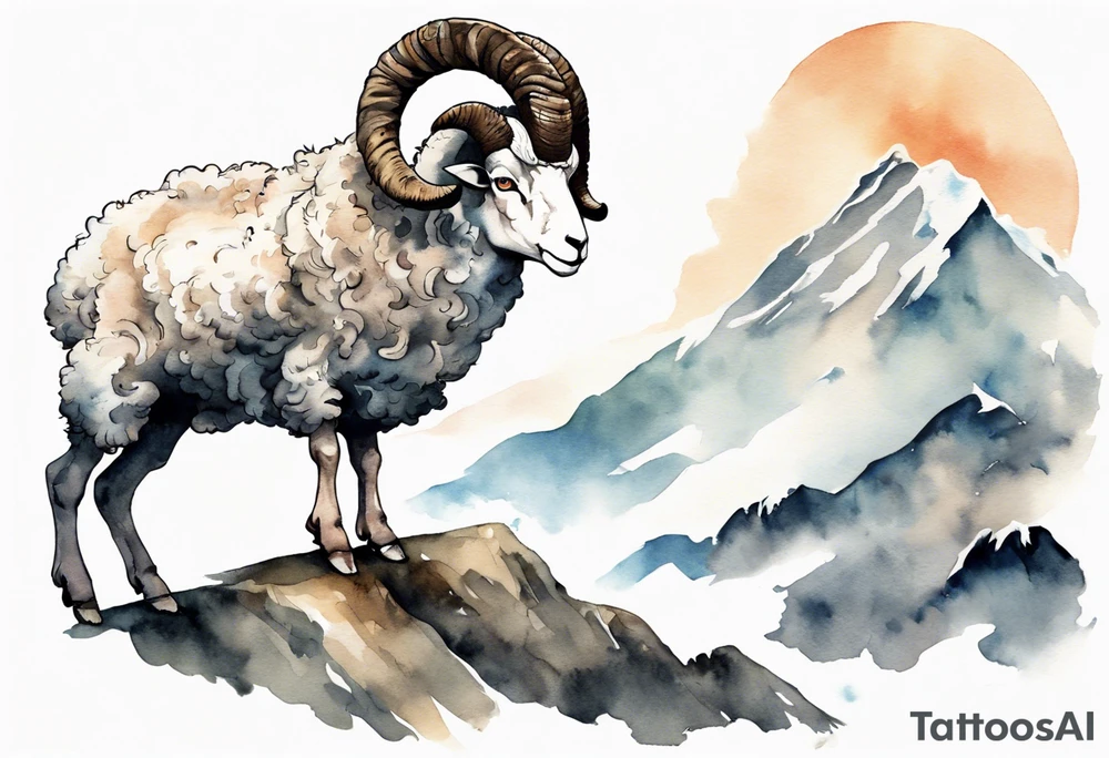 a solitary large man with the head of a big-horned sheep, with the feet of a sheep, on a mountain tattoo idea