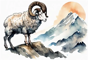 a solitary large man with the head of a big-horned sheep, with the feet of a sheep, on a mountain tattoo idea