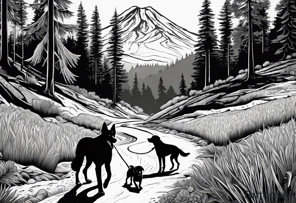 A shadow of family of four and dog walking through the Pacific Northwest Forrest. Mexican art. Trust in God tattoo idea