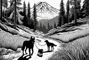 A shadow of family of four and dog walking through the Pacific Northwest Forrest. Mexican art. Trust in God tattoo idea