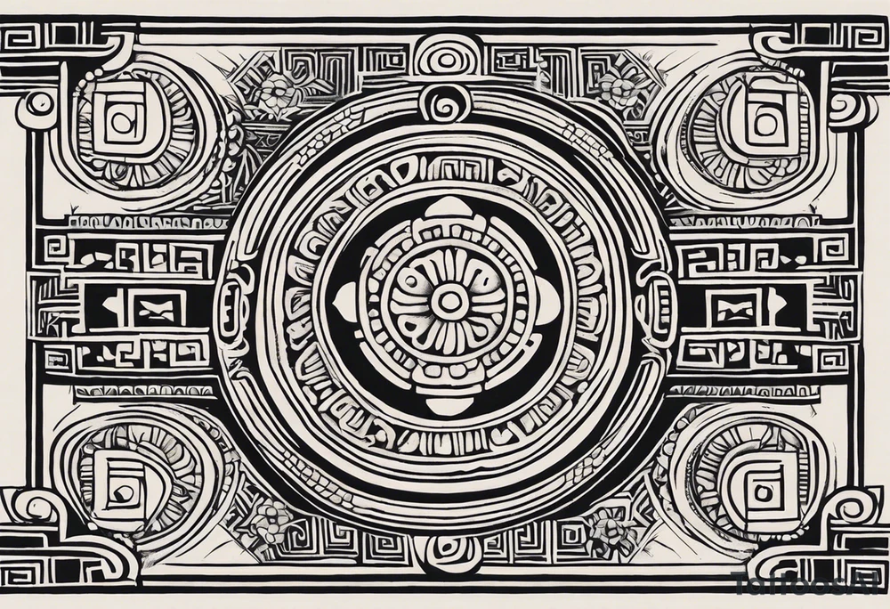 Create a masculine mayan tattoo design carved in stone featuring three flower buds of Gypsophila spp. The design should incorporate sharp, geometric patterns inspired by ancient Mayan glyphs and carvings, emphasizing strength and symmetry. The flower buds should be stylized with angular, bold lines, set within intricate, sacred Mayan motifs. The overall design should evoke harmony and balance, symbolizing the calming frequency of 432 Hz through symmetrical and flowing element tattoo idea