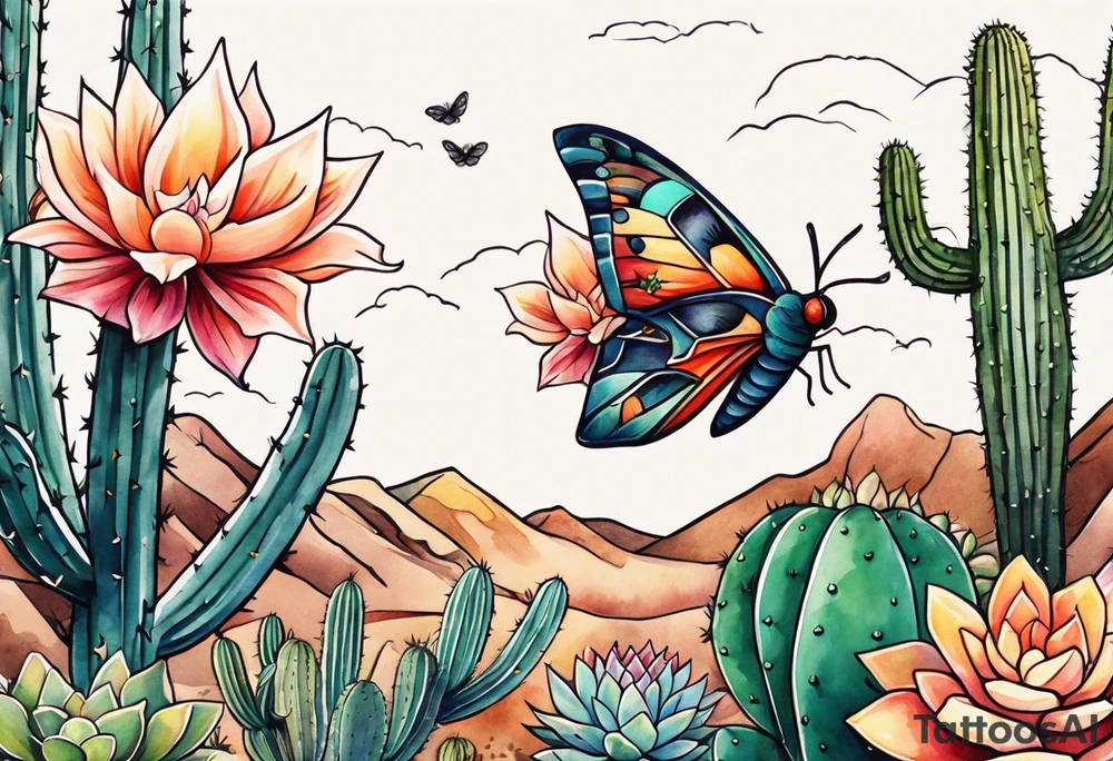 Modern Mexican style small moth flying over a desert garden with cactus and small succulents tattoo idea