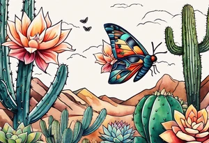 Modern Mexican style small moth flying over a desert garden with cactus and small succulents tattoo idea