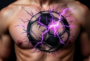 A black soccer ball with purple lightning bolts cracking across its surface. tattoo idea