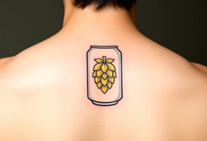 A minimalist black and gold beer can design, with vintage typography and a hop emblem, capturing a sleek and modern aesthetic tattoo idea