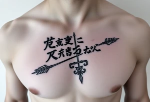 chest tattoo with japanese writing combined with bow and arrow tattoo idea