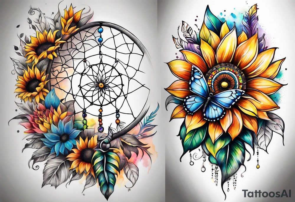 Quarter Leg sleeve with dreamcatcher, rainbow sunflowers and one butterfly tattoo idea