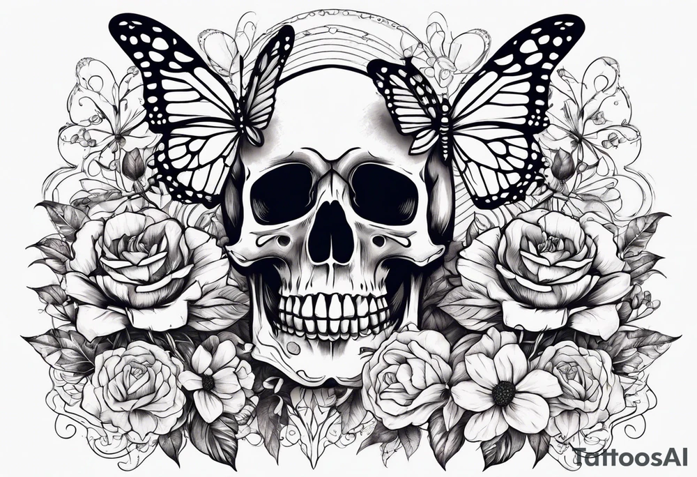 skeleton body with flowers around it vintage sketch pretty and butterflies tattoo idea