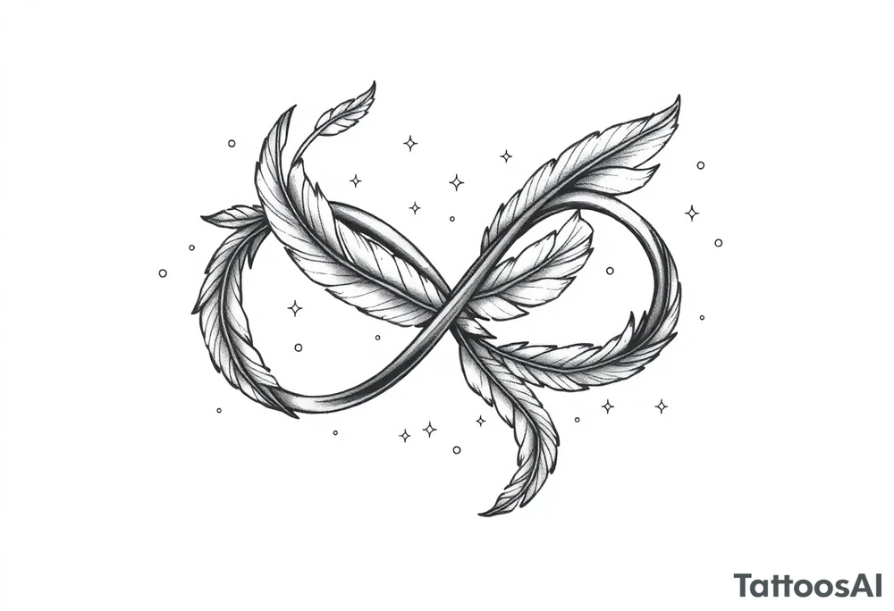 infinity symbol woven with floating feathers and stardust tattoo idea