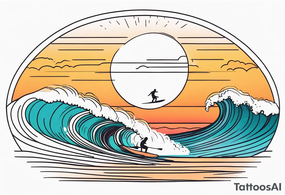 Line work tattoo depicting a father surfing in the sunset with his two daughters. tattoo idea