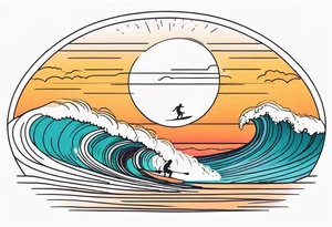 Line work tattoo depicting a father surfing in the sunset with his two daughters. tattoo idea