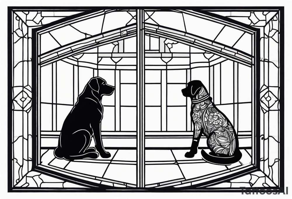 dog and cat sitting on floor and looking out octagonal window together tattoo idea
