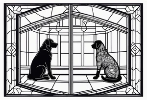 dog and cat sitting on floor and looking out octagonal window together tattoo idea