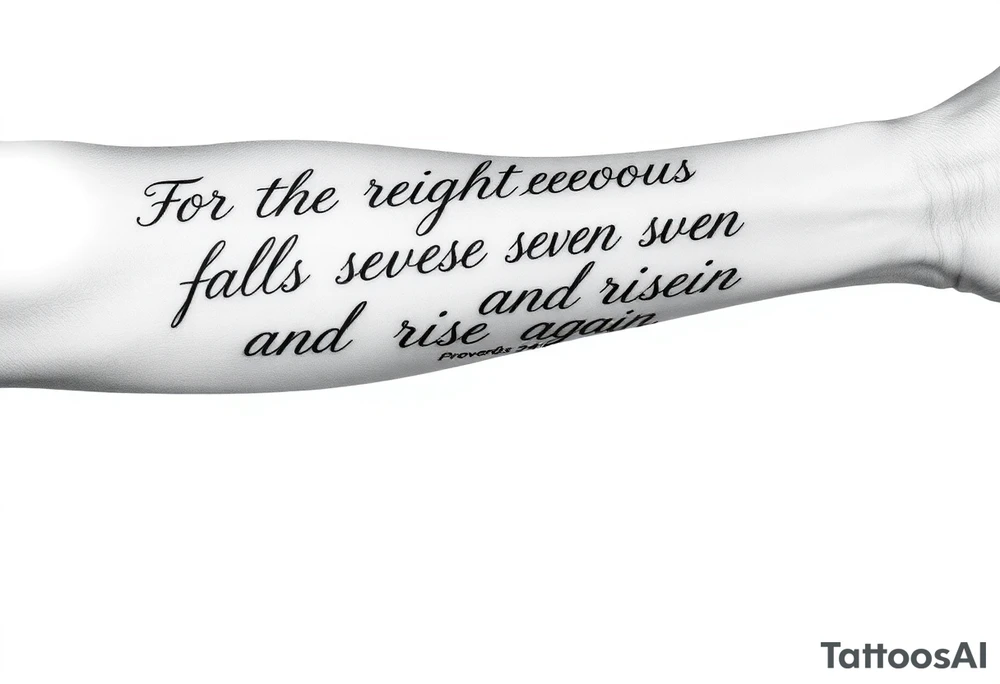 A comprehensive full-length outer forearm tattoo design. The layout is strictly vertical, extending from the elbow down to the wrist on a perfectly flat 2D white background. The text features the complete scripture written out in an elegant, flowing, continuous cursive calligraphy script: "For the righteous falls seven times and rises again. Proverbs 24:16". The lettering is crisp black ink with precise fine-line weights, slight elegant swashes, and soft drop shadows for skin depth. Absolutely solid clean white background, strictly no clouds, no smoke, no background shading. tattoo idea