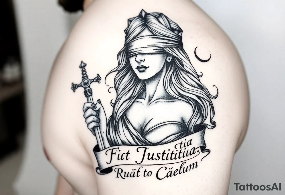 A striking black and grey tattoo design of a regal, blindfolded woman, symbolizing justice. She has an air of strength and wisdom, with flowing hair and a serene yet powerful expression. One breast must be exposed, representing vulnerability and truth. She holds a sword in one hand, symbolizing enforcement of justice, and a set of scales in the other, signifying balance. The Latin phrase ‘Fiat Justitia Ruat Caelum’ is elegantly inscribed in a classical, Roman-inspired font, either flowing beneath her or wrapping around the design. The overall style is a fusion of realism and fine-line tattoo artistry, with intricate shading and dramatic contrasts to give depth and texture. make it to fit the upper right arm and ensure the nipple is exposed to represent vulnerability tattoo idea