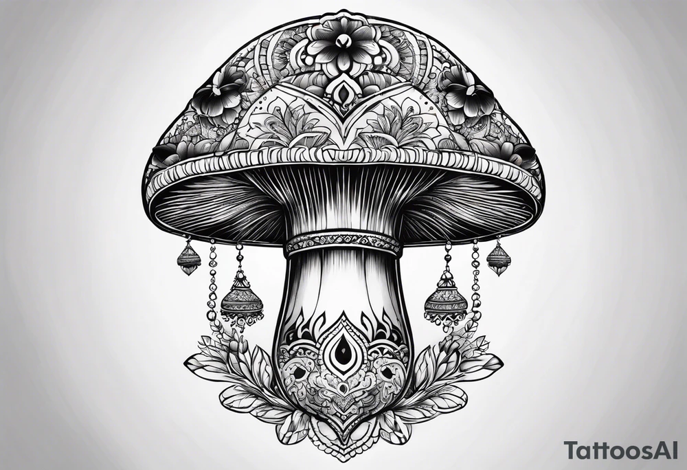 Black mushroom tattoo with henna style mandala design surrounding it tattoo idea