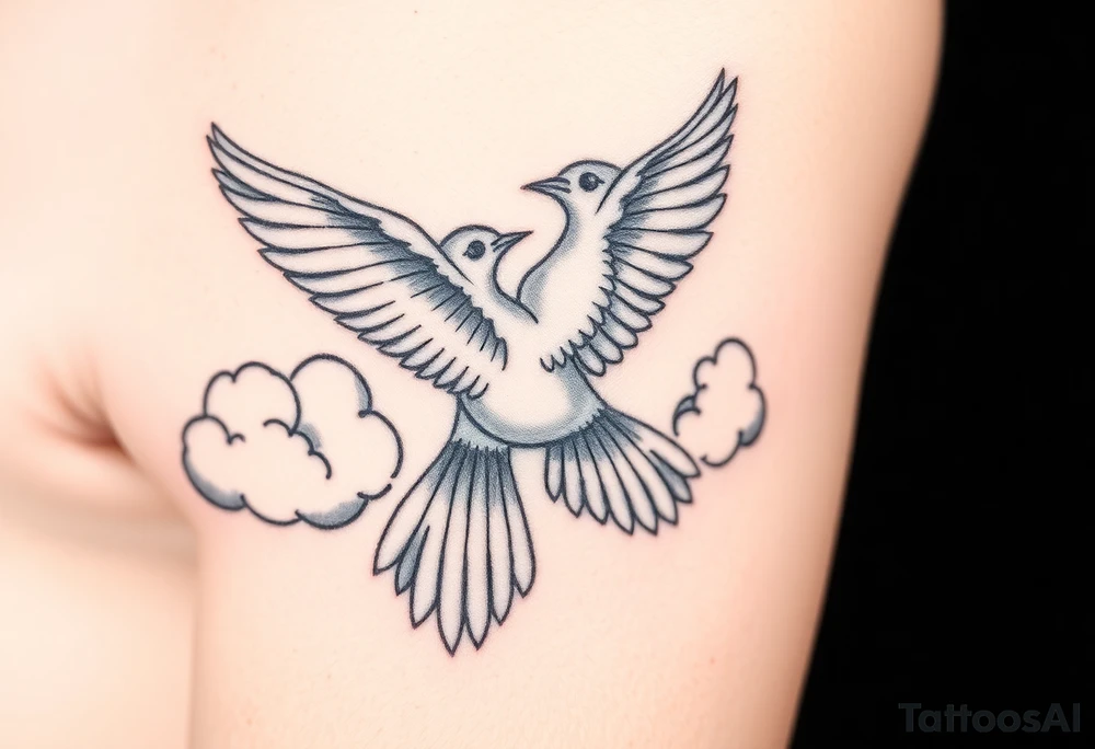 Dove and a blue jay, clouds, shining light to or from heaven tattoo idea