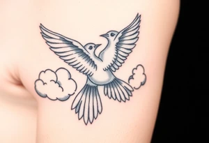 Dove and a blue jay, clouds, shining light to or from heaven tattoo idea
