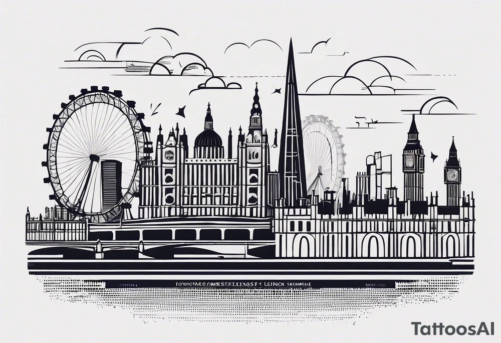 A minimalistic, abstract design capturing the architectural essence and vibe of London. Key elements of London’s skyline and structure are hinted at with clean lines, and subtle detailing includes personal touches, like a nod to Feid’s signature look (hat, glasses, mustache), integrated discreetly to honor a memorable concert experience. tattoo idea
