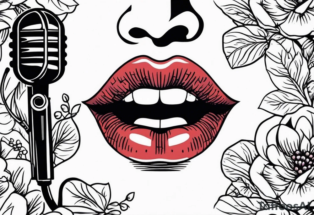 lips singing old school vintage traditional
flowers around and mouth next to microphone tattoo idea