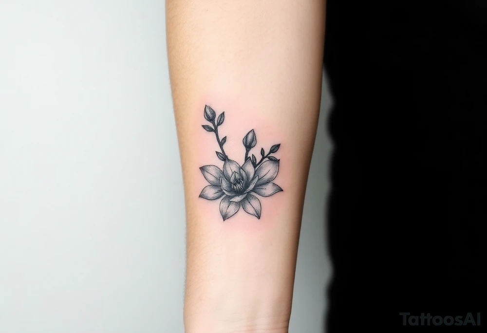 Branch with few magnolia flowers, in different blossom stages with botanical details tattoo idea