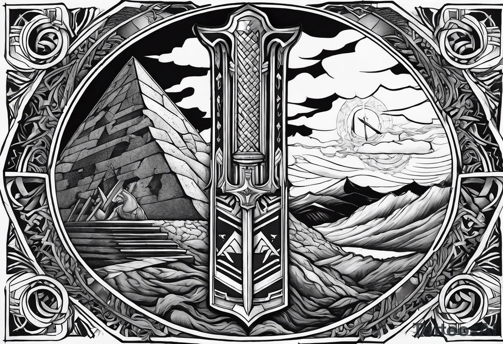 Valhalla stairs 
Valhalla stairs sword shield  axe 
Valknut  ruins lightnings tattoo idea