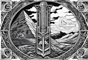 Valhalla stairs 
Valhalla stairs sword shield  axe 
Valknut  ruins lightnings tattoo idea