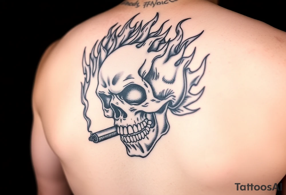 Skull engulfed in vibrant flames, cigar smoldering in its jaw. tattoo idea