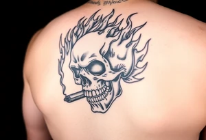 Skull engulfed in vibrant flames, cigar smoldering in its jaw. tattoo idea