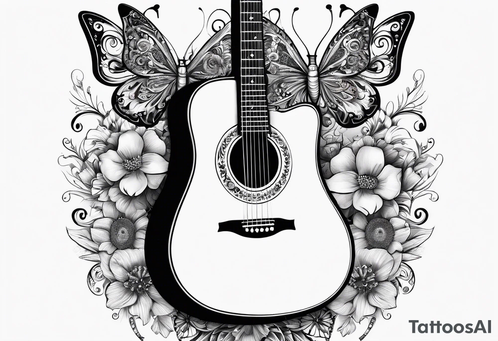 Whole electric acoustic Guitar in shape with flowers growing off the side, butterflies tattoo idea