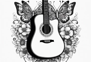 Whole electric acoustic Guitar in shape with flowers growing off the side, butterflies tattoo idea