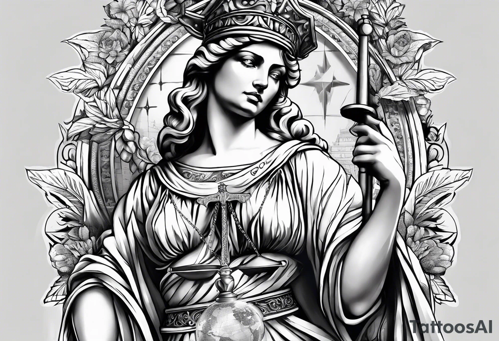 Lady Justice with bible scripture wrapping around her tattoo idea Lady Justice with bible scripture wrapping around her tattoo idea