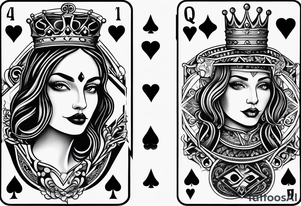 one playing card with both queen of hearts and king of spades in extreme minimalistic style tattoo idea