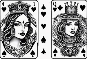 one playing card with both queen of hearts and king of spades in extreme minimalistic  style tattoo idea