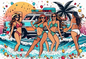 SURFING SAFARI BEACH DANCE 
PARTY WITH CONFETTI AND MUSIC NOTES, TROPICAL DRINKS, SEXY BIKINIS tattoo idea