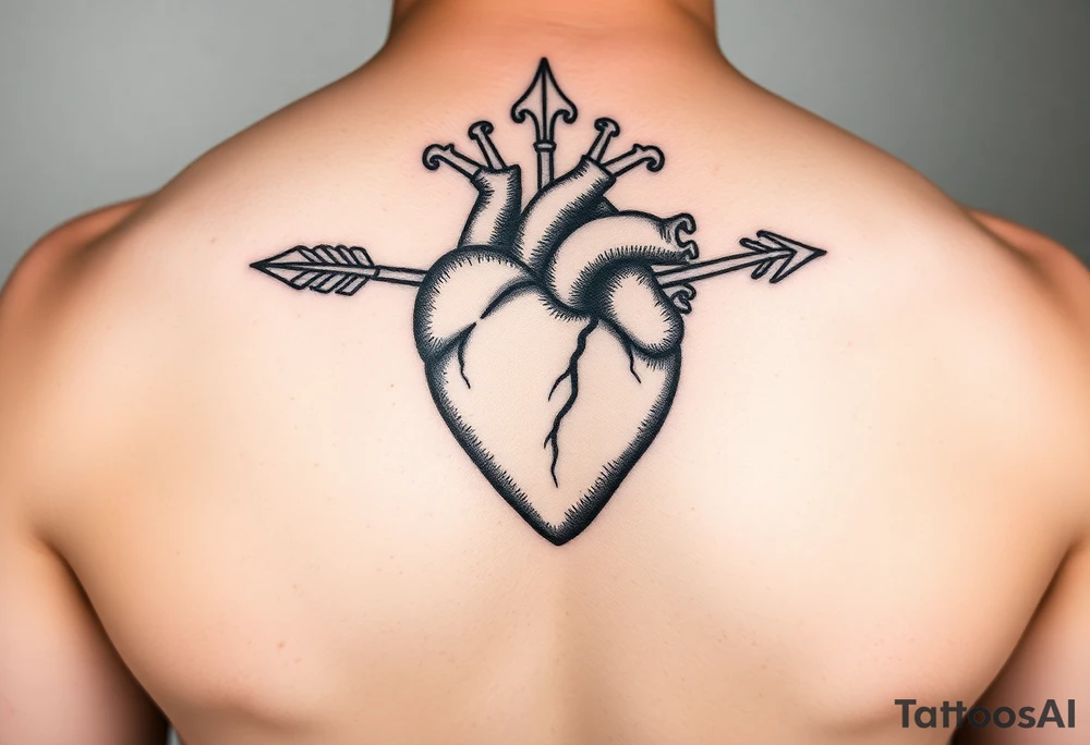 heart pierced by ornate arrow with representation of surviving addiction tattoo idea