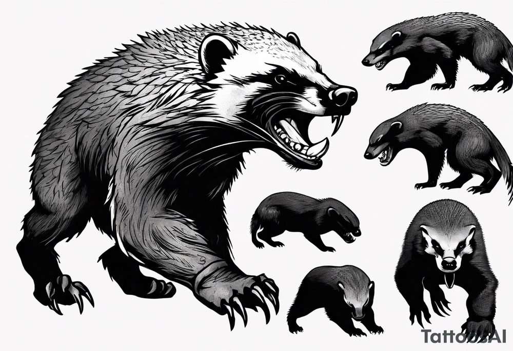 Angry, snarling, detailed full-length honey badger with numerous cuts tattoo idea