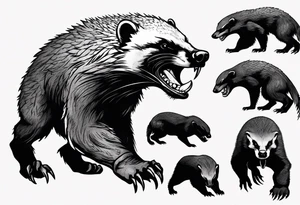 Angry, snarling, detailed full-length honey badger with numerous cuts tattoo idea