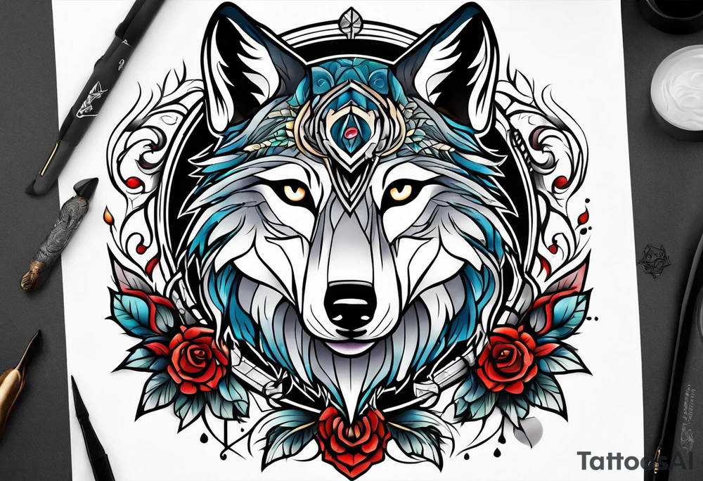 Neotraditional wolf tattoo idea