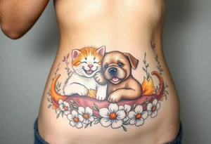 A white and orange kitten happy as can be I can even see a smile while a brown puppy full of love and joy rolling around in a bed of flowers together tattoo idea