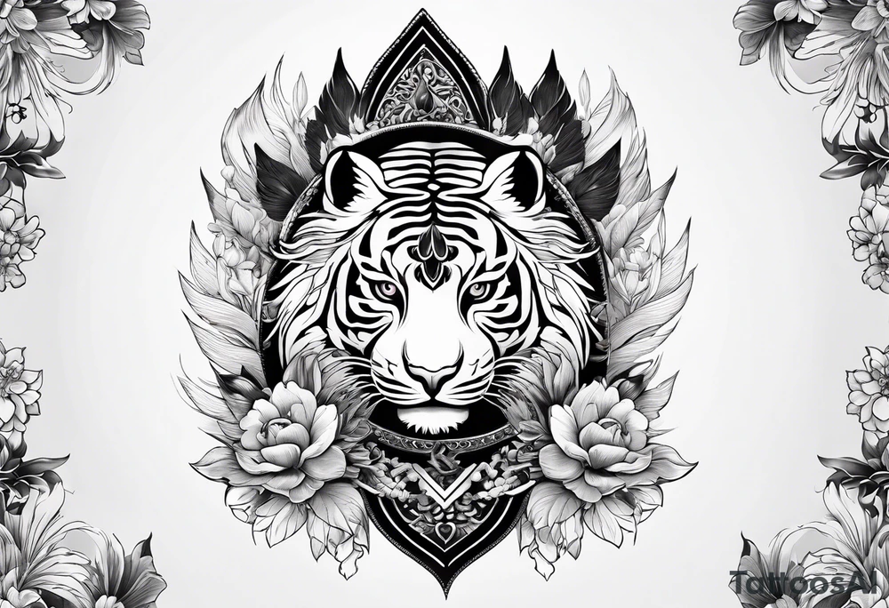 Japanese traditional style black and white Hamsa with tiger and crane  fighting inside tattoo idea