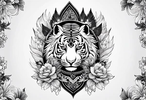 Japanese traditional style black and white Hamsa with tiger and crane  fighting inside tattoo idea