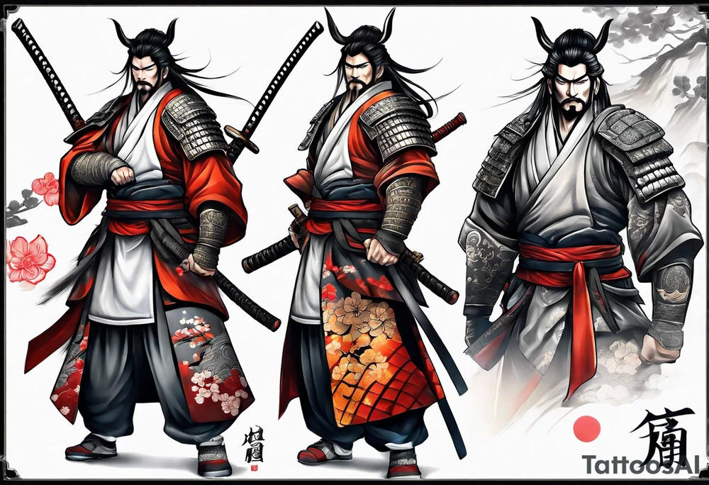 Samurai war themed full sleeve tattoo idea