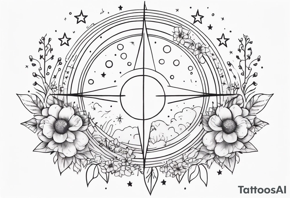 fine line with sun, stars, floral, dots. Sternum tattoo tattoo idea