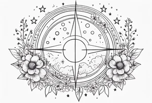fine line with sun, stars, floral, dots. Sternum tattoo tattoo idea