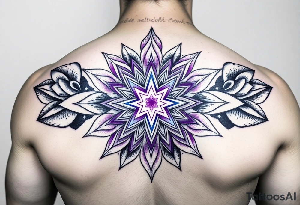 Merkaba symbol on a flower of life background, on the back top, the merkaba should be 3D with purple white colored, tattoo idea