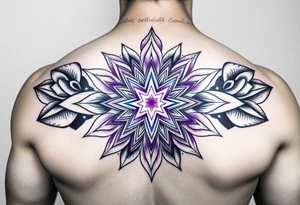 Merkaba symbol on a flower of life background, on the back top, the merkaba should be 3D with purple white colored, tattoo idea