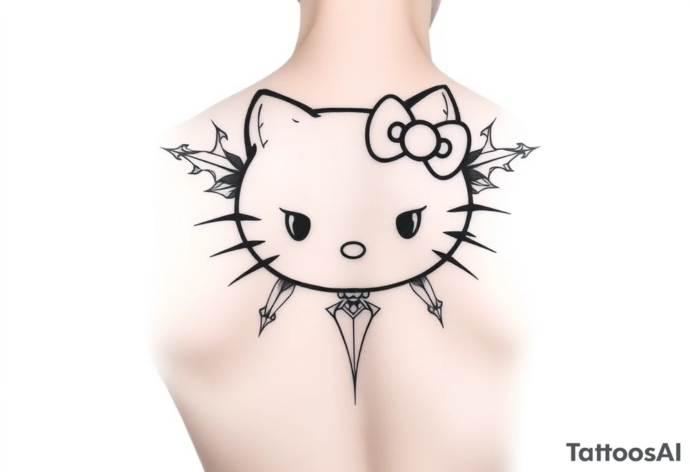 white background, cyber sigilism art / neo primal inspired hello kitty tattoo idea